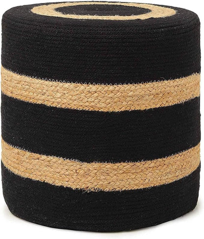 REDEARTH · Cylindrical Pouf Foot Stool Ottoman - Jute Braided Pouffe Poof Accent Sitting Footrest for The Living Room, Bedroom, Nursery, Patio, Lounge & Other Rooms (14.5”x14.5”x16”; Black Natural)