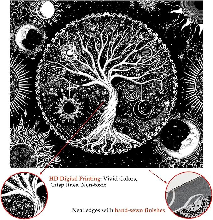 AACKart Tree of Life Tapestry for Bedroom Aesthetic Room Decor-Black and White Spiritual Tree Tapestry Wall Hanging with Sun Moon Star 59.1 x 51.2 inches