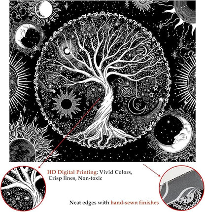 AACKart Tree of Life Tapestry for Bedroom Aesthetic Room Decor-Black and White Spiritual Tree Tapestry Wall Hanging with Sun Moon Star 78.7×59.1 inches