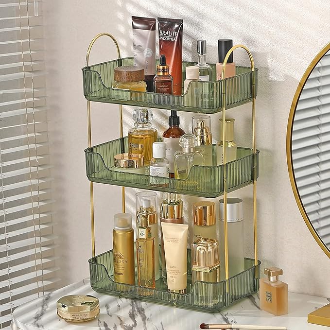 Bathroom Counter Organizer - Countertop Storage, Cosmetics & Skincare Shelf, Makeup & Perfume Organizer, Spice Rack for Kitchen (3 Tier - Green)