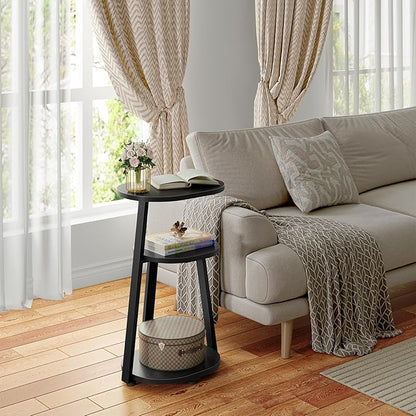 Side Table, Small End Table with Metal Frame, 3-Tier Bedside Tables, Round Side Tables for Living Room Bedroom Couch Bathroom, Oval, Pure Black