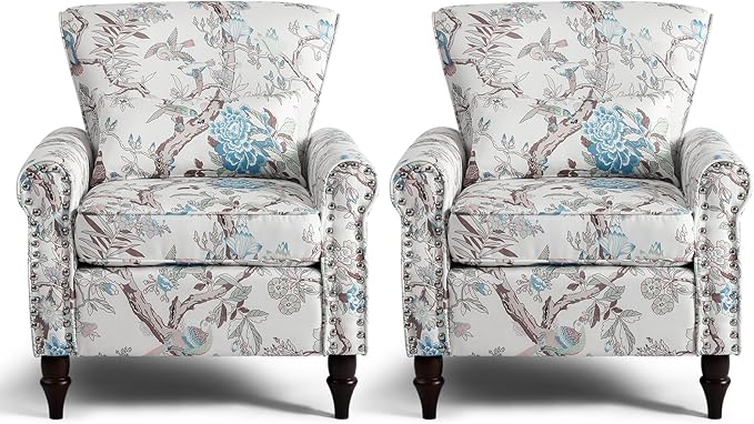 Wingback Accent Chair with Removable Pillow, High Back Floral Armchair with Solid Wood Legs & Nailhead Trim, Comfy Upholstered Reading Single Sofa Chair for Bedroom (2, Bird Floral Pattern)