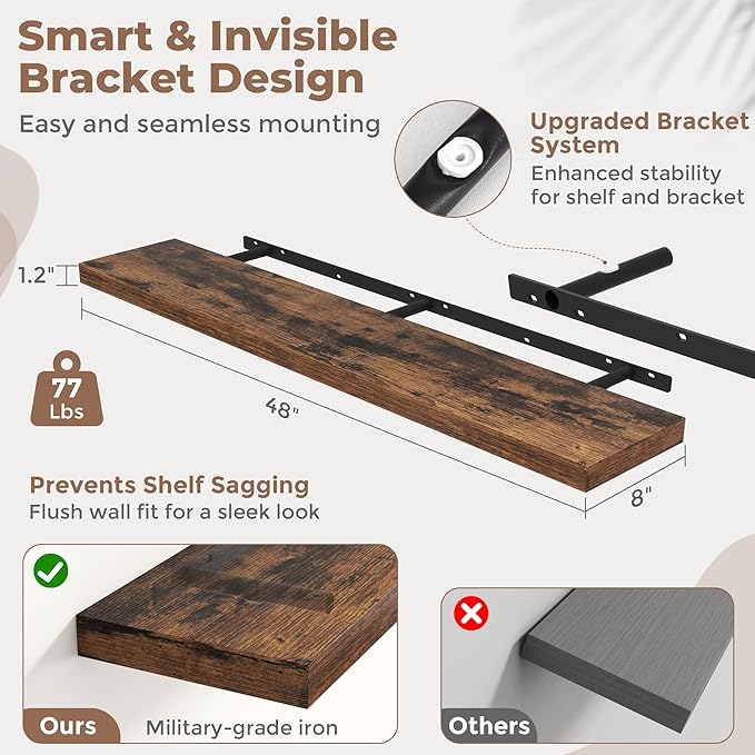48 Inch Floating Shelves for Wall Set of 2, 8"D Wood Grain Bathroom Shelves with Invisible Brackets, Easy Install Engineered Wood Storage Shelves for Kitchen, Living Room, Bedroom, Rustic Brown Finish