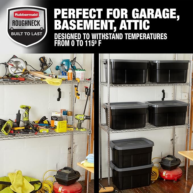 Rubbermaid Roughneck Tote 14 Gal, 6 Pack, Made in USA, Black & Gray, Rugged Plastic Stackable Storage Bins with Lids and Handles