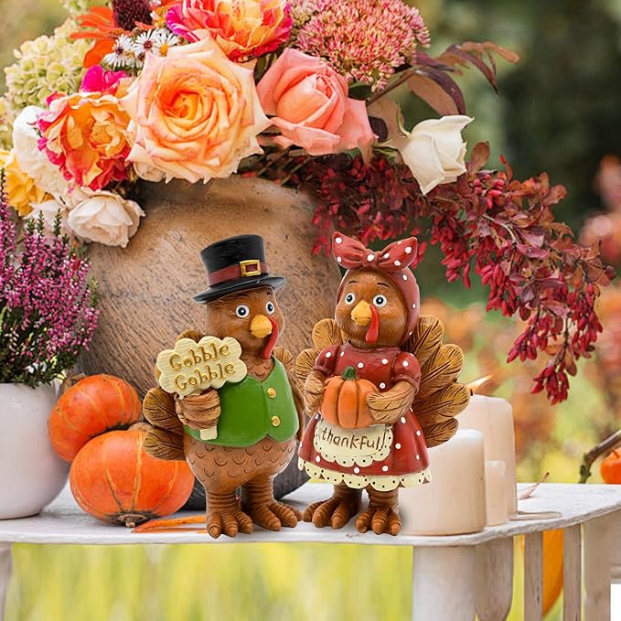 Thanksgiving Turkey Decor - 2Packs Resin Turkey Couple Standing Figurines Thanksgiving Decorations- Fall Decor Indoor for Tables Centerpieces Harvest Farmhouse Kitchen