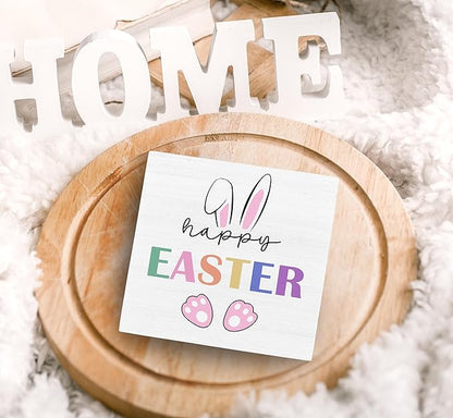 SRADMO Happy Easter Sign, Cute Bunny's Ear Easter Wood Box Sign Desk Decor, Easter Bunny Decorations, Easter Theme Wooden Block Box Sign Decoration for Home Office Shelf Table Decor