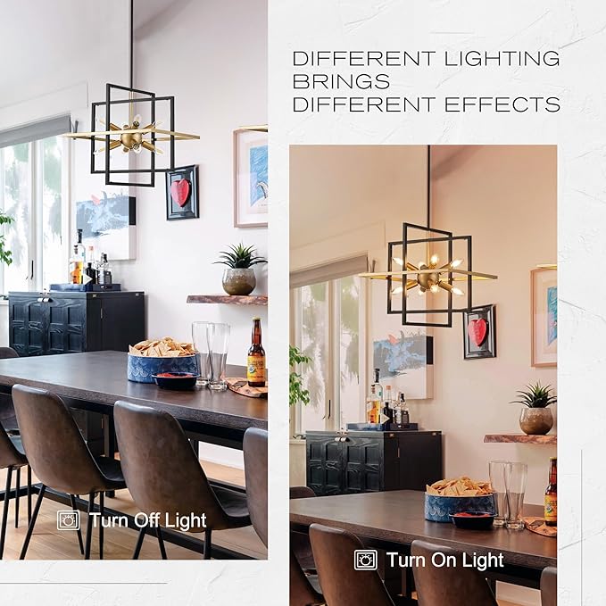 18.9'' Black Gold 8-Light Sputnik Chandelier Modern Industrial Adjustable Hanging Geometric Pendant Light Fixture for Entryway Foyer Stairway Hallway Bedroom Living Room Kitchen Island