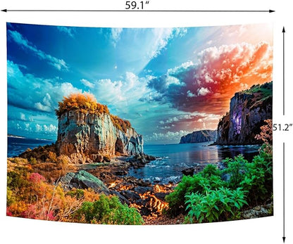 Delur Coastal Ocean Beach Tapestry Tropical Forest Tree Sunrise Sea Landscape Tapestry Wall Hanging Wave Sunset Nature Colorful Spiritual Headboard for Bedroom Living Room Home Decor (51.2" x 59.1")
