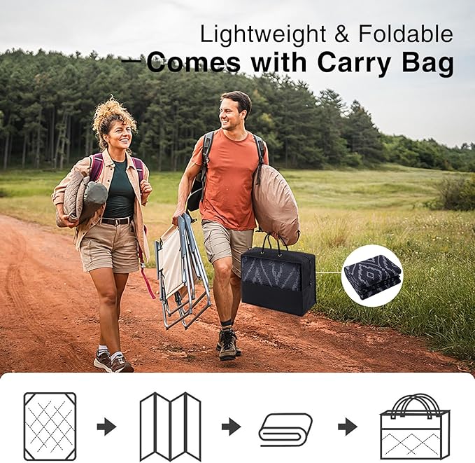 OLANLY Outdoor Rug 5x8 ft Waterproof, Outdoor Plastic Straw Rug with Geometric Pattern Clearance, Reversible RV Mat for Patio, Camping, Balcony, Deck, Backyard, Black & Grey