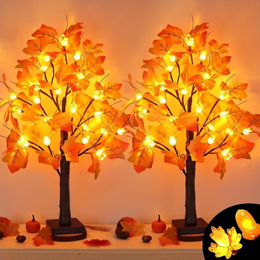 2 Pack 24 Inch Prelit Fall Maple Tree Fall Decor with 48 LED Timer Battery Operated Artificial Fall Light Up Tree Pumpkin Maple Acorn for Fall Thanksgiving Decorations Table Home Indoor Autumn Harvest