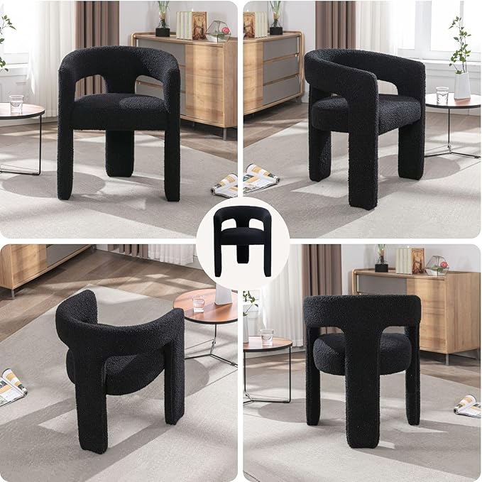 Black Sherpa Dining Chairs Set of 2, Modern Barrel Dining Room Chairs Upholstered Faux Fur Accent Chair with Arms and Round Back for Living Room Kitchen Armchair No Assembly Needed