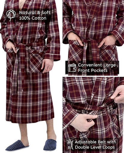 Andrew Scott Mens' Robe with Hoodie| Cotton Flannel Brush Plaid | All Season | Full Length House Robe