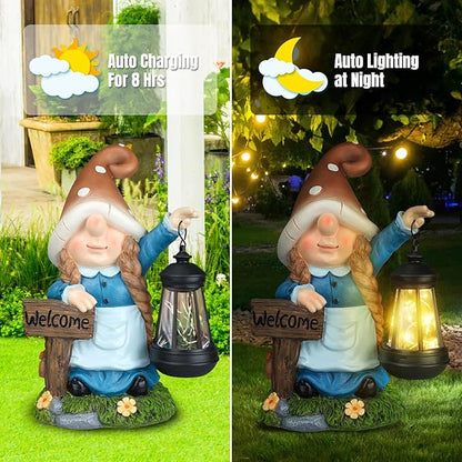 Solar Large Gnome Garden Statue with Welcome Sign Outdoor Decor with LED Lantern Funy for Porch Yard Patio Lawn Ornament Christmas Housewarming Gardening Gift