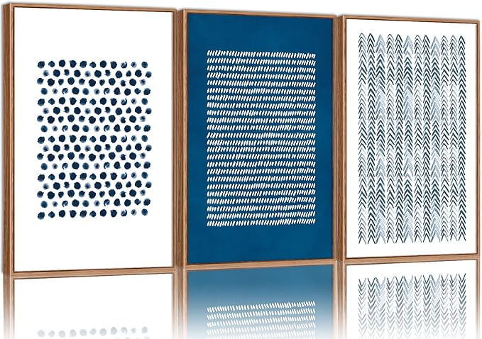Tinonedraw Navy Blue White Framed Canvas Wall Art Set, Modern Geometric Dots Line Wall Decor, Neutral Abstract Shape Artwork, Cozy Contemporary Art Prints for Bedroom Living Room Office 16"x24"x3