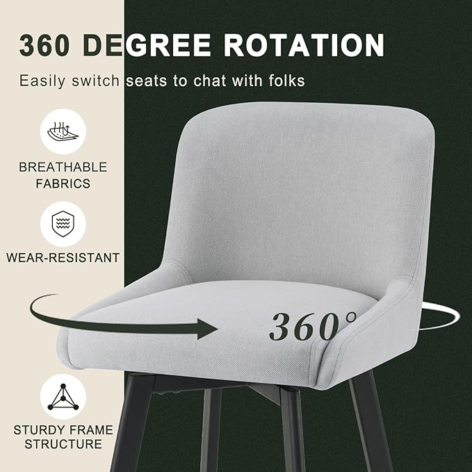 Swivel Bar Stools Set of 3, 26''H Upholstered Barstools with Backs, Modern Counter Height Bar Stool Chairs for Kitchen Island, Metal Legs, Light Gray Fabric Counter Stools