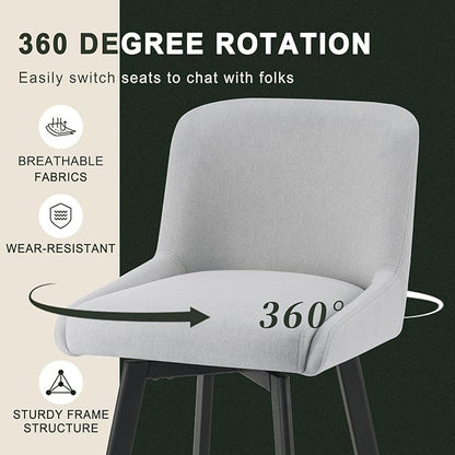 Swivel Bar Stools Set of 3, 26''H Upholstered Barstools with Backs, Modern Counter Height Bar Stool Chairs for Kitchen Island, Metal Legs, Light Gray Fabric Counter Stools