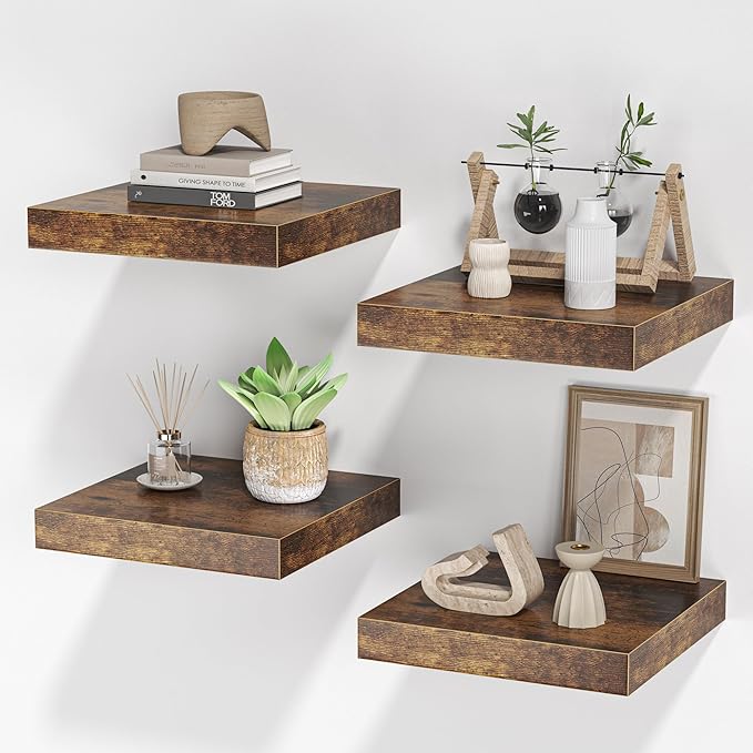 Square Floating Shelves for Wall, 10"W x 10"D x 1.2"H, Small Wooden Wall Mounted Display Shelf with Invisible Brackets for Living Room, Bedroom, Bathroom, Kitchen Decor, Set of 4, Rustic Brown