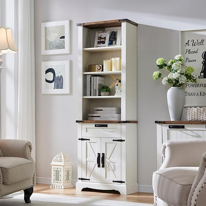 OKD 72'' Tall Bookshelf with Storage, Farmhouse 4 Tier Bookcase with Barn Door, Adjustable Shelves and Drawers, Rustic Wooden Office Bookshelves for Home Bedroom, Living Room, Library Antuique White