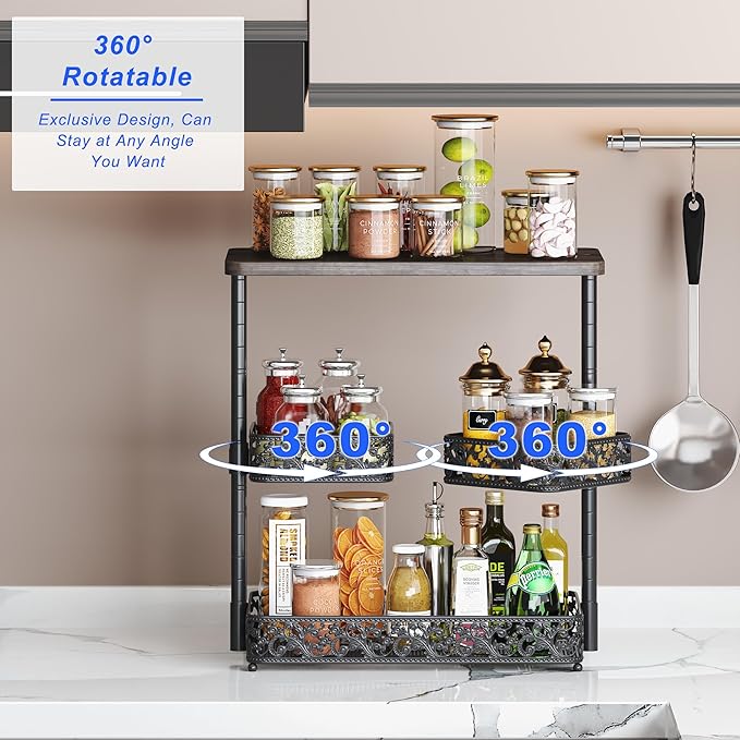 3 Tier Storage Organizer Countertop,Bathroom Sink Organizer Countertop with Two Rotating 360° Metal Baskets for Bathroom Kitchen Dresser Bedroom Office Spice Rack Perfume Toiletries Makeup (Black)