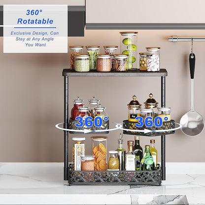 3 Tier Storage Organizer Countertop,Bathroom Sink Organizer Countertop with Two Rotating 360° Metal Baskets for Bathroom Kitchen Dresser Bedroom Office Spice Rack Perfume Toiletries Makeup (Black)