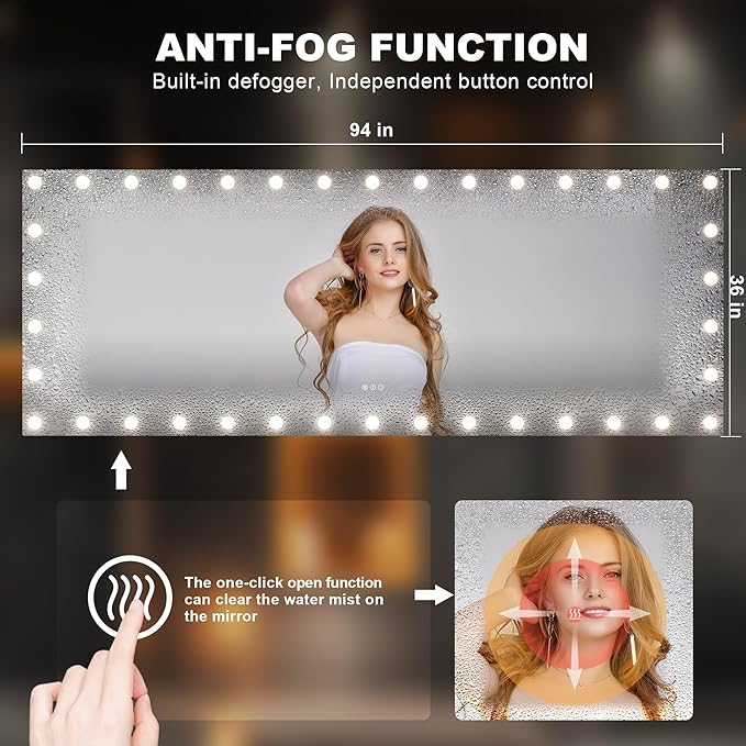 Hasipu LED Bathroom Mirror with Lights, 94" x 36" Hollywood Wall-Mounted Bathroom Mirror with 38 Dimmable Bulbs, 3 Colors Modes, Touch Control, Anti-Fog, Memory Function, Shatter-Proof, ETL Listed