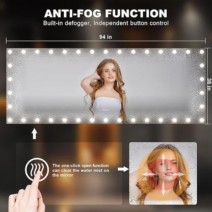 Hasipu LED Bathroom Mirror with Lights, 94" x 36" Hollywood Wall-Mounted Bathroom Mirror with 38 Dimmable Bulbs, 3 Colors Modes, Touch Control, Anti-Fog, Memory Function, Shatter-Proof, ETL Listed