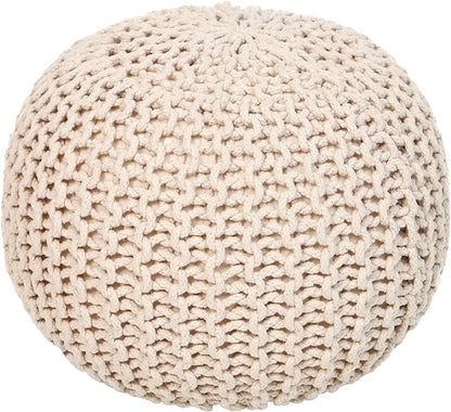 REDEARTH Round Pouf Ottoman - Cable Knitted Boho Poof - Home Décor Cord Pouffe Handmade Circular Footrest for Living Room - Bedroom - Kids Bedroom - 100% Cotton Pouf (18" x 18" x 14") - Ivory