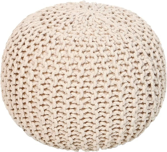 REDEARTH Round Pouf Ottoman - Cable Knitted Boho Poof - Home Décor Cord Pouffe Handmade Circular Footrest for Living Room - Bedroom - Kids Bedroom - 100% Cotton Pouf (18" x 18" x 14") - Ivory