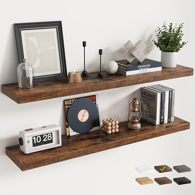 48 Inch Floating Shelves for Wall Set of 2, 8"D Wood Grain Bathroom Shelves with Invisible Brackets, Easy Install Engineered Wood Storage Shelves for Kitchen, Living Room, Bedroom, Rustic Brown Finish