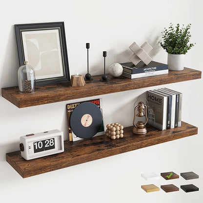 48 Inch Floating Shelves for Wall Set of 2, 8"D Wood Grain Bathroom Shelves with Invisible Brackets, Easy Install Engineered Wood Storage Shelves for Kitchen, Living Room, Bedroom, Rustic Brown Finish