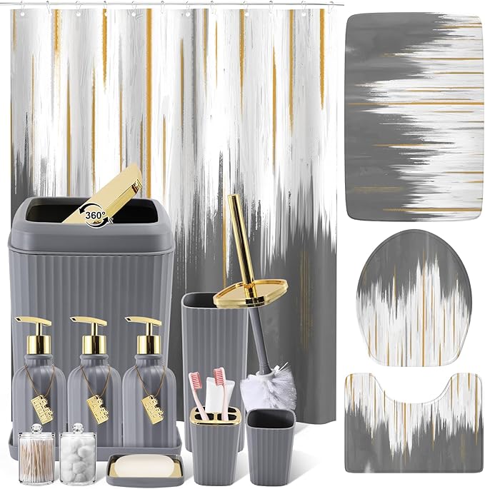 32PCS Bathroom Sets with Shower Curtain and Rugs-Grey Bathroom Accessories,Non Slip Bathroom Rugs Set with Toilet Lid Cover, Waterproof Shower Curtain, 3PC Soap Dispenser with Trash Can