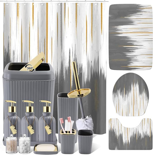 32PCS Bathroom Sets with Shower Curtain and Rugs-Grey Bathroom Accessories,Non Slip Bathroom Rugs Set with Toilet Lid Cover, Waterproof Shower Curtain, 3PC Soap Dispenser with Trash Can