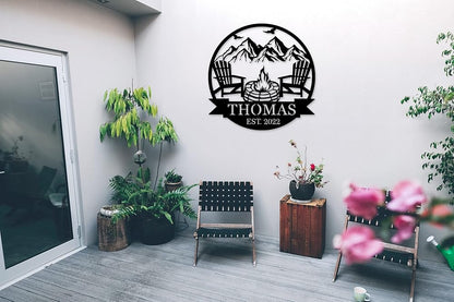 Personalized Campfire Family Name Sign, Monogram Name Camping Sign, Custom Campfire Sign, Campsite Sign, Mountain Campfire Monogram Sign, Campfire Personalized Metal Sign, Last Name Sign