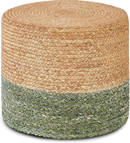 Wimarsbon 18'' Ottoman Pouf, Natural Braided Poof, Rustic Handweave Lounge Pouffe, Boho Footrest Stool for Bedroom, Accent Table for Living Room (Natural Water Hyacinth + Green Corn Husk)