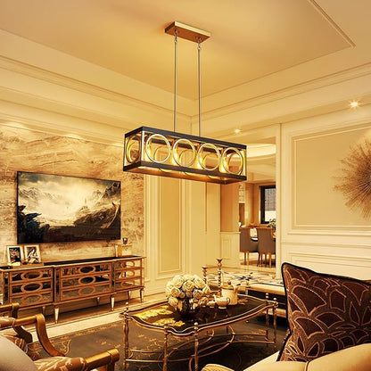 XINGQI Modern Rectangle Chandelier, Farmhouse Kitchen Island Lighting Rustic Industrial Hanging Light Fixture 4-Light Metal Linear Pendant for Dining Room Living Room Hallway, Black and Gold