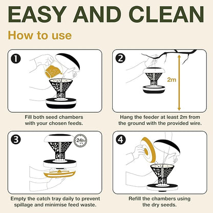 SWISSINNO No Mess Bird Feeder Davos Smart Birds - No Spill Bird Feeder for Outdoor - Mice & Rat Proof - Robust & Reliable for Hanging - Dual Food Chambers - Made in EU - Green