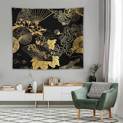 HZOHNAGO Japanese Tapestry Gold Flowers Umbrella Fan Pattern Printed Wall Tapestry Painting Wall Hanging for Bedroom Living Room Dorm 60" W x 50" H