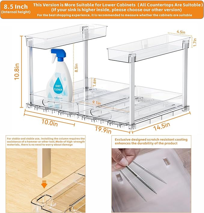 Yieach 2 Pack Kitchen Sink Organizer Under Cabinet,14.5 Inch Deep Clear Under Sink Storage Rack for Bathroom,Apartments and Small Space,Two Tier Pull Out Vanity Cabinet Organizer & Undersink Storage