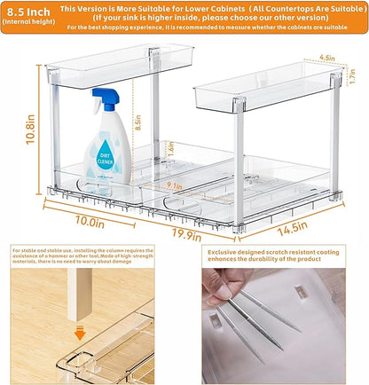 Yieach 2 Pack Kitchen Sink Organizer Under Cabinet,14.5 Inch Deep Clear Under Sink Storage Rack for Bathroom,Apartments and Small Space,Two Tier Pull Out Vanity Cabinet Organizer & Undersink Storage
