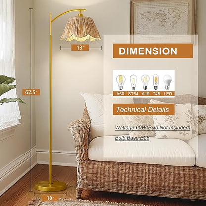 Oneach Arc Floor Lamp for Living Room,Rattan Boho Floor Lamp with Hand-Woven Wicker Shade, Foot Switch,Gold Metal Base & Pole,Farmhouse Standing Lamp for Bedroom Corner,Reading