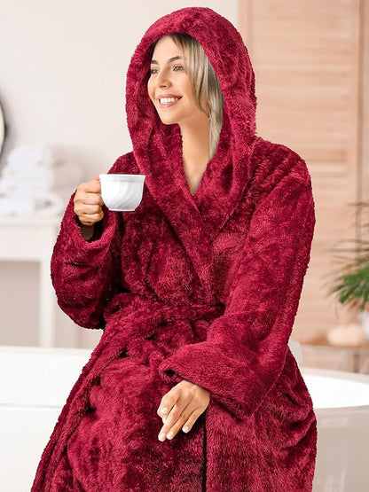 PAVILIA Women Hooded Plush Soft Robe | Fluffy Warm Fleece Sherpa Shaggy Bathrobe