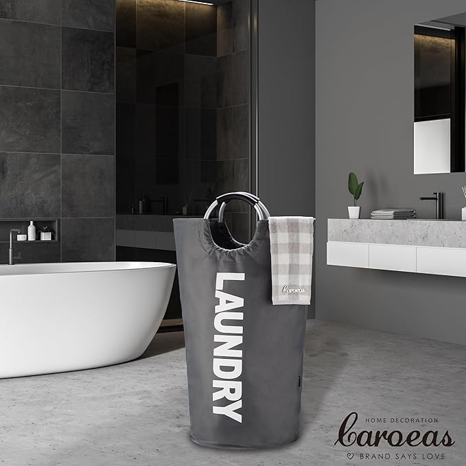 Caroeas 100L Laundry Basket,Large Laundry Hamper, Laundry Bag with Padded Handles, Clothes Hamper Stands Up Well, Collapsible Free Standing Easy Storage Washing Bin (Dark Grey,100L)