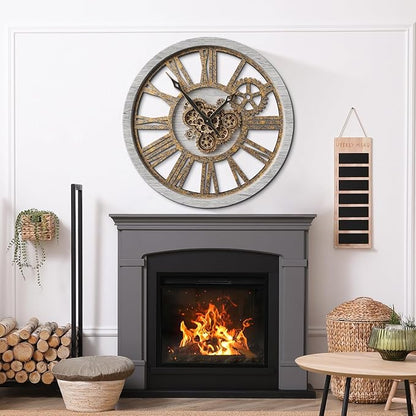 The B-Style Large Wall Clock 24 inch Moving Gear Wall Clock Oversized Vintage Farmhouse Wall Clocks for Living Room Decor Rustic Industrial Wood Clock (Silver Gray, 36 inch/90cm)