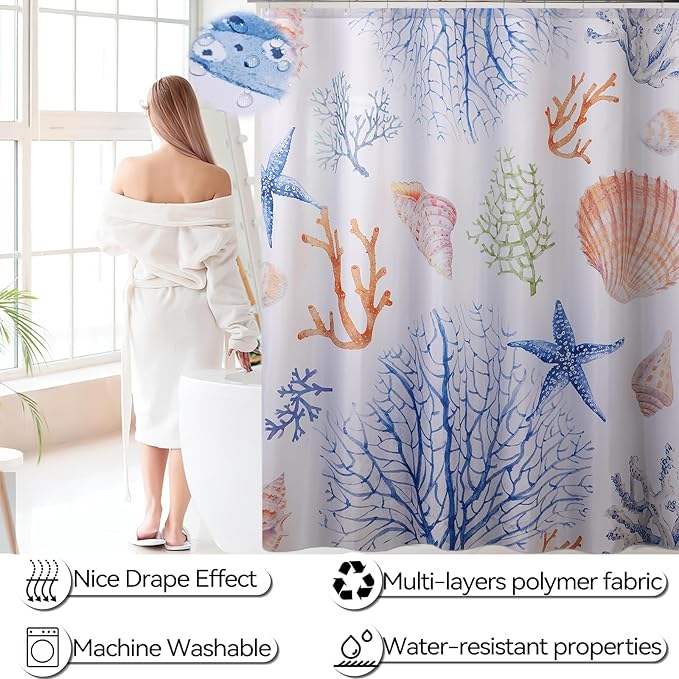 Bathroom Accessories Set Complete with Sea Shower Curtain,10 Piece Bathroom Sets with Toothbrush Holder,Toothbrush Cup,Lotion Soap Dispenser,Soap Dish,Toilet Brush,Trash Can,Qtip Holder