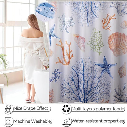 Bathroom Accessories Set Complete with Sea Shower Curtain,10 Piece Bathroom Sets with Toothbrush Holder,Toothbrush Cup,Lotion Soap Dispenser,Soap Dish,Toilet Brush,Trash Can,Qtip Holder