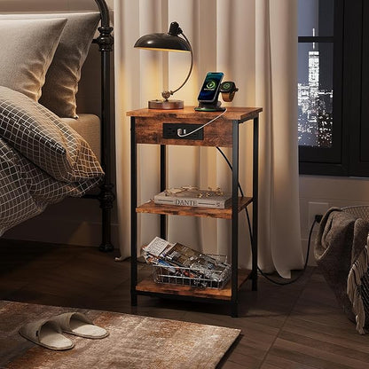 WLIVE End Table with Charging Station, Small Night Stand with 3 Storage Shelves, Side Tables for Small Spaces, Bedside Tables for Living Room, Bedroom, Rustic Brown