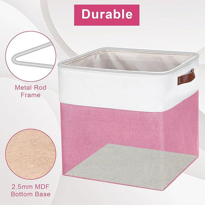 13x13 Cube Storage Bins, Collapsible Fabric Storage Box, 4 Pack Closet Baskets with Handles for Organizing, Shelf, Toys, Clothes, Home, Office, Nursery (Pink&White)