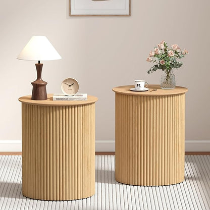 AVZEAR Small Round Side Table Fluted Night Stand Set of 2, Modern Boho End Table with Storage, 17.7" Circle Bedside Tables Wood Nightstands for Small Spaces, Living Room, Bedroom (Natural)