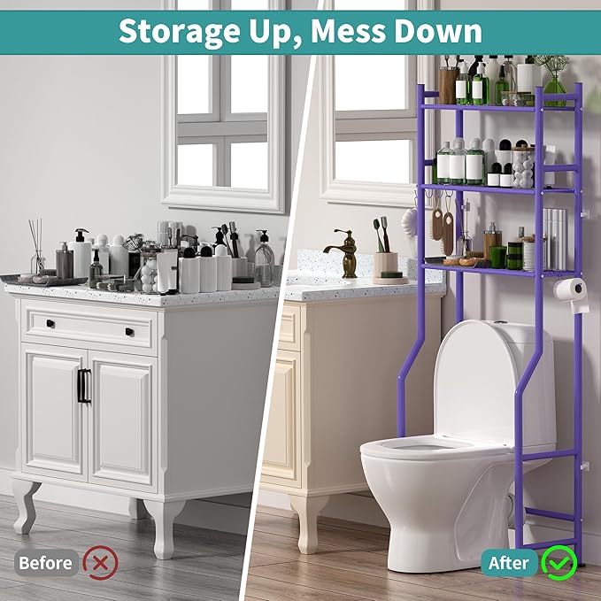 3-Tier Over The Toilet Storage with Paper Holder, Metal Bathroom Organizers and Storage for Small Space, Freestanding Bathroom Shelves with 4 Hooks, Above The Toilet Storage Shelf, Purple