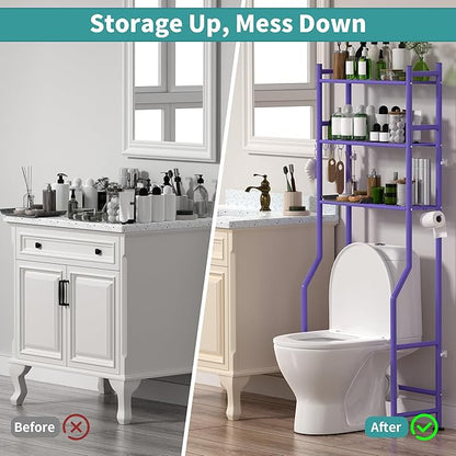 3-Tier Over The Toilet Storage with Paper Holder, Metal Bathroom Organizers and Storage for Small Space, Freestanding Bathroom Shelves with 4 Hooks, Above The Toilet Storage Shelf, Purple
